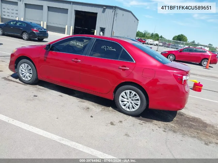 2012 Toyota Camry L VIN: 4T1BF1FK4CU589651 Lot: 39764562