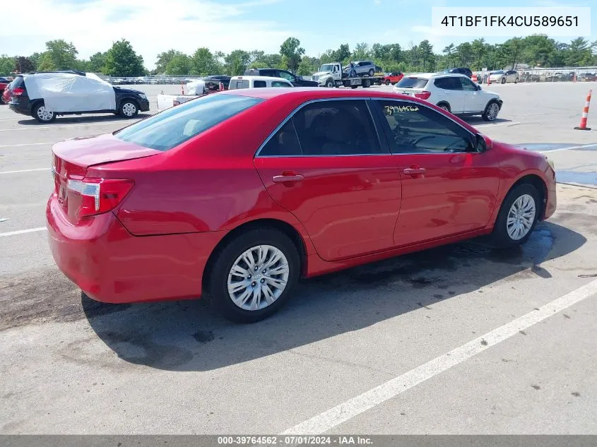 2012 Toyota Camry L VIN: 4T1BF1FK4CU589651 Lot: 39764562