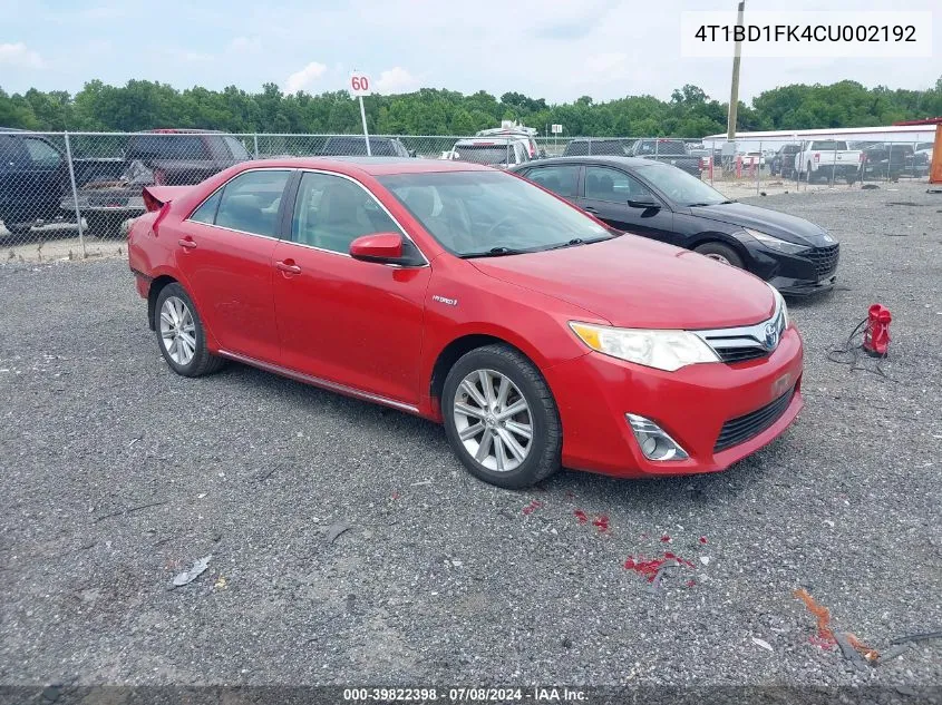 2012 Toyota Camry Hybrid Xle VIN: 4T1BD1FK4CU002192 Lot: 39822398