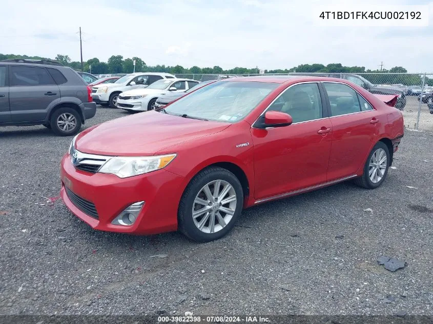 2012 Toyota Camry Hybrid Xle VIN: 4T1BD1FK4CU002192 Lot: 39822398