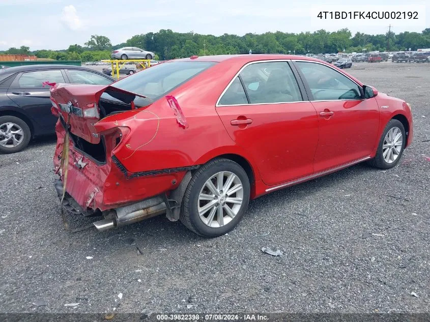 4T1BD1FK4CU002192 2012 Toyota Camry Hybrid Xle