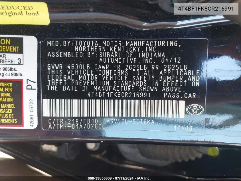 4T4BF1FK8CR216991 2012 Toyota Camry Xle