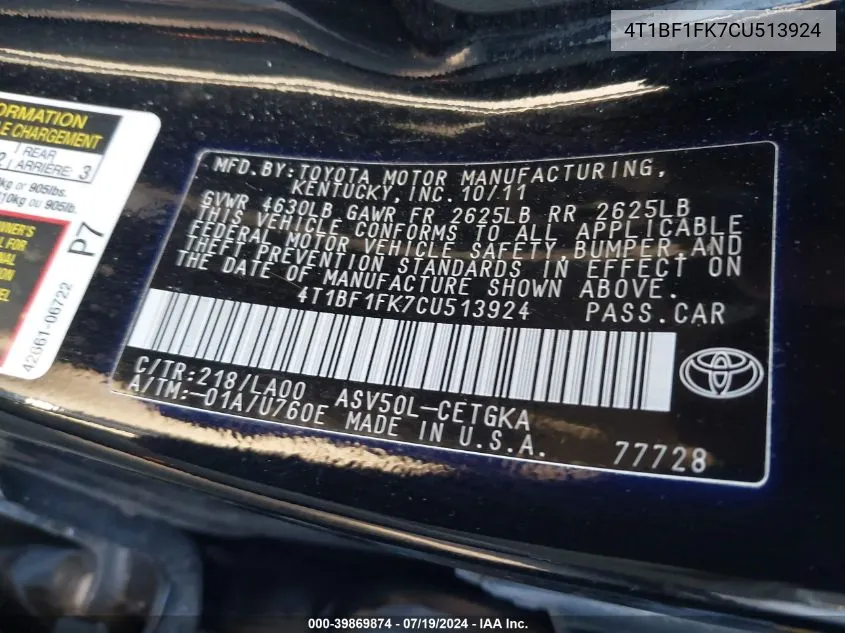 4T1BF1FK7CU513924 2012 Toyota Camry Xle