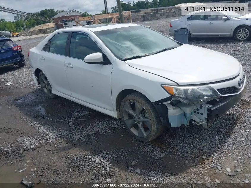 2012 Toyota Camry Se V6 VIN: 4T1BK1FK6CU511514 Lot: 39911668