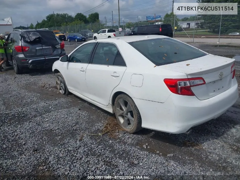 4T1BK1FK6CU511514 2012 Toyota Camry Se V6