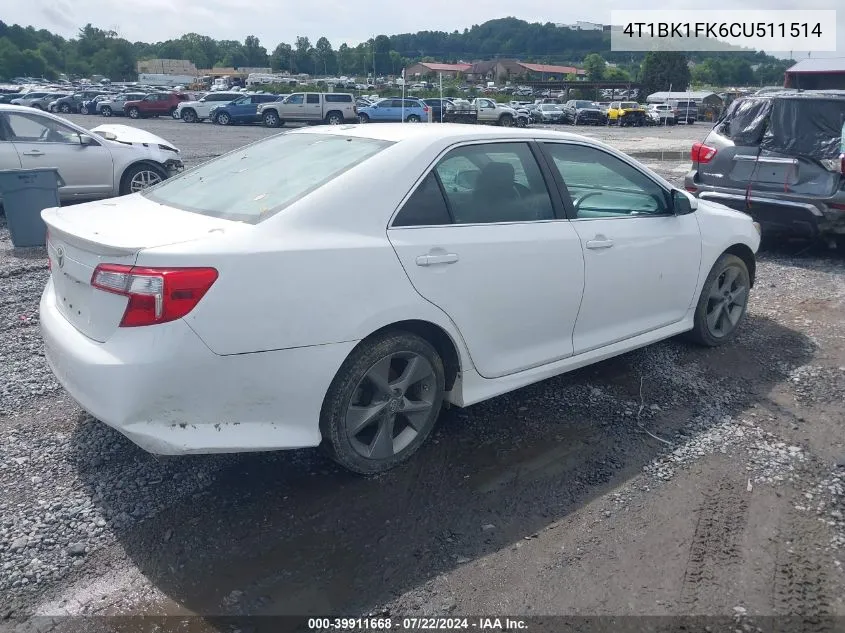 2012 Toyota Camry Se V6 VIN: 4T1BK1FK6CU511514 Lot: 39911668