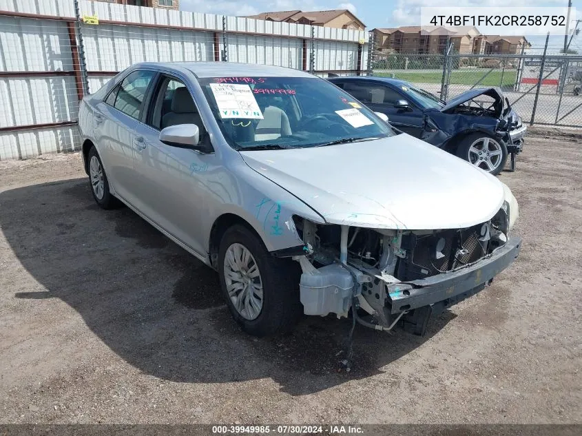 4T4BF1FK2CR258752 2012 Toyota Camry Le