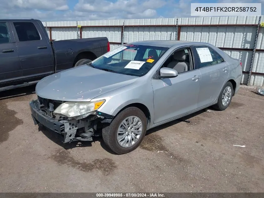 4T4BF1FK2CR258752 2012 Toyota Camry Le