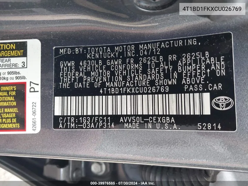 4T1BD1FKXCU026769 2012 Toyota Camry Hybrid Xle