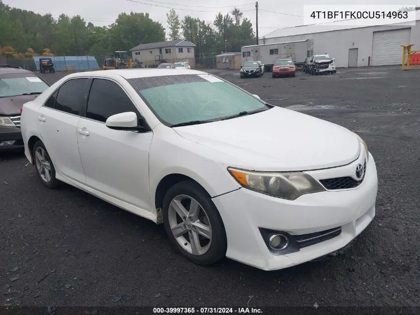 2012 Toyota Camry Se VIN: 4T1BF1FK0CU514963 Lot: 39997365