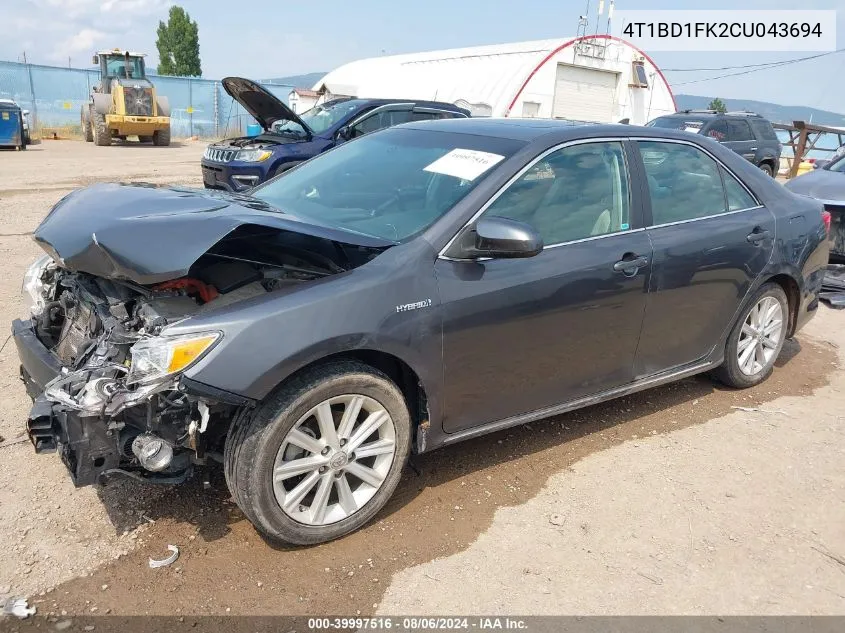 2012 Toyota Camry Hybrid Xle VIN: 4T1BD1FK2CU043694 Lot: 39997516