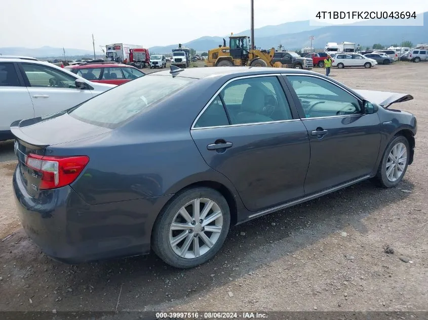 2012 Toyota Camry Hybrid Xle VIN: 4T1BD1FK2CU043694 Lot: 39997516