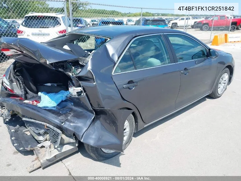 2012 Toyota Camry Le VIN: 4T4BF1FK1CR251842 Lot: 40008921