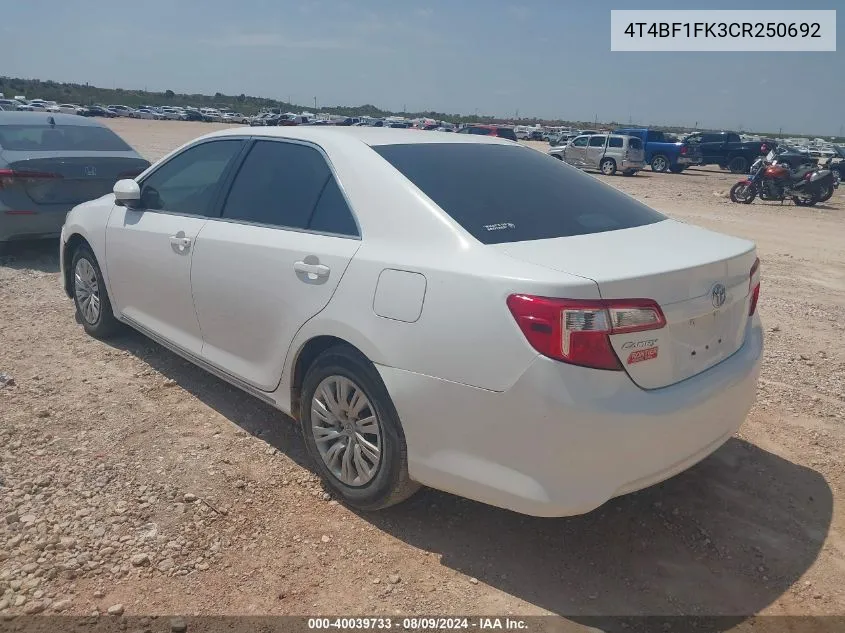 2012 Toyota Camry Le VIN: 4T4BF1FK3CR250692 Lot: 40039733