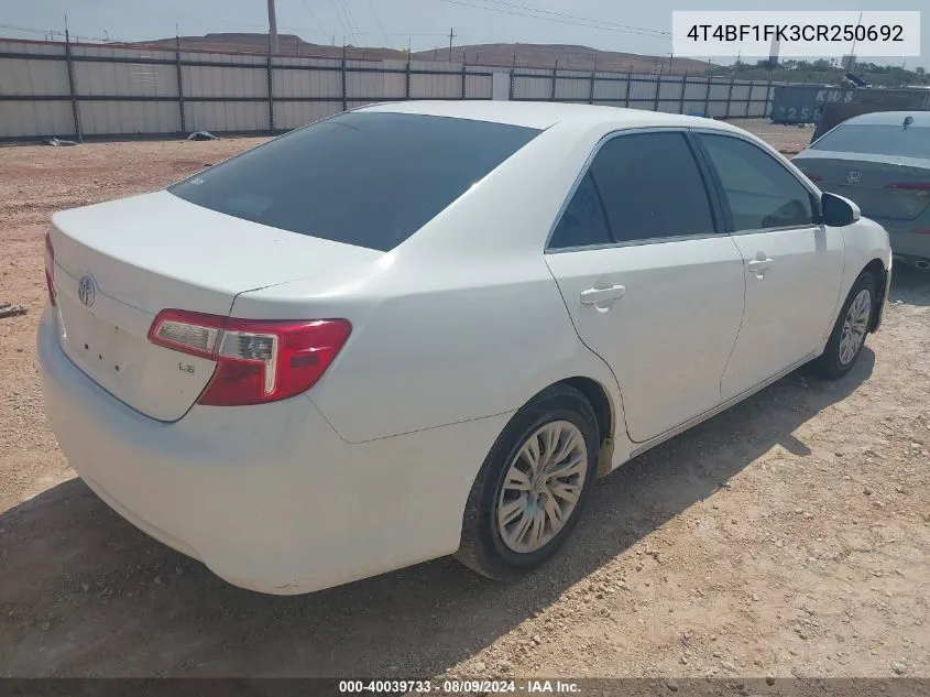 2012 Toyota Camry Le VIN: 4T4BF1FK3CR250692 Lot: 40039733