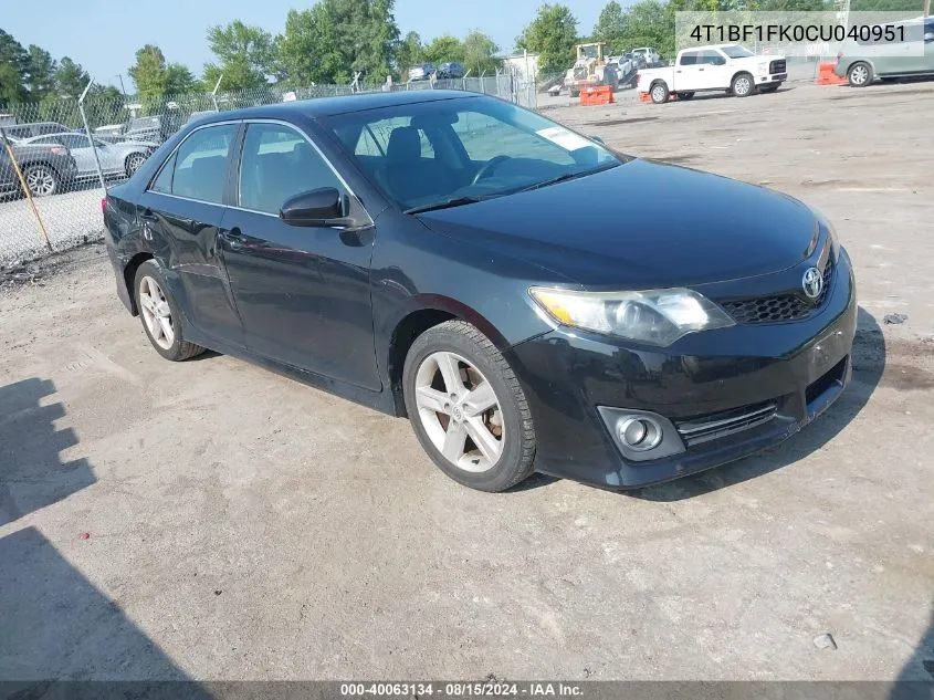 2012 Toyota Camry Se VIN: 4T1BF1FK0CU040951 Lot: 40063134