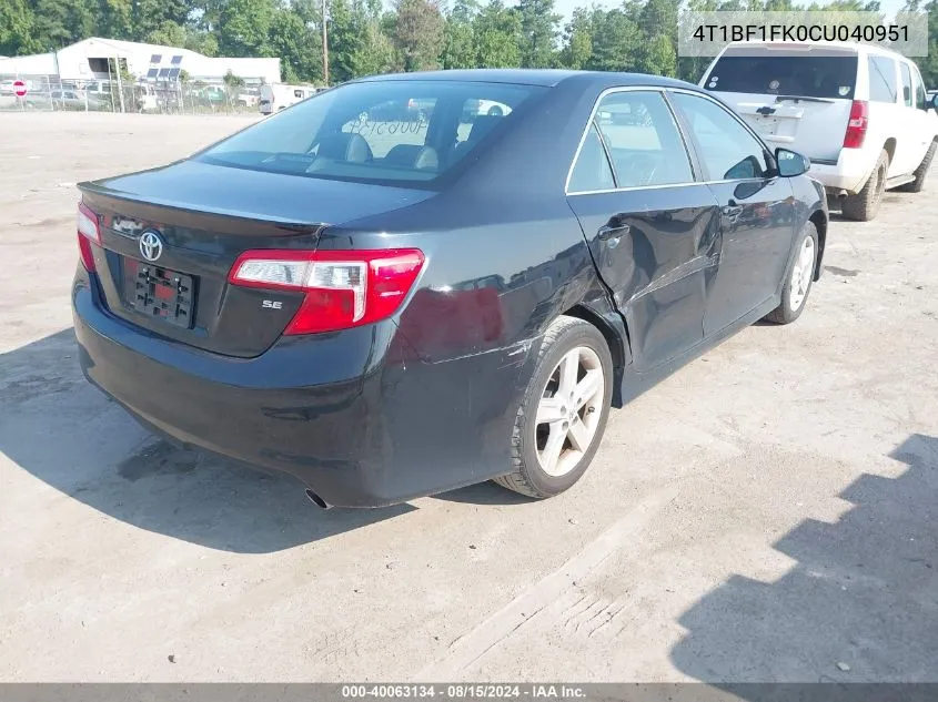 2012 Toyota Camry Se VIN: 4T1BF1FK0CU040951 Lot: 40063134