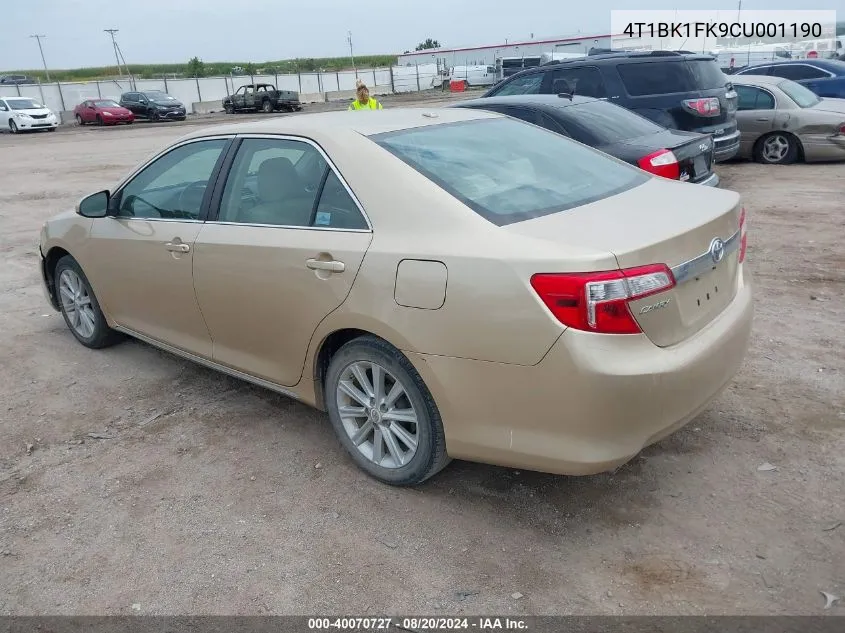 2012 Toyota Camry Xle V6 VIN: 4T1BK1FK9CU001190 Lot: 40070727