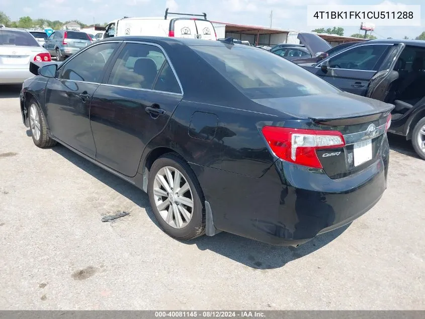 2012 Toyota Camry Se/Xle VIN: 4T1BK1FK1CU511288 Lot: 40081145