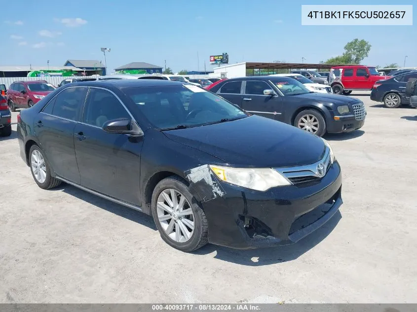 2012 Toyota Camry Xle V6 VIN: 4T1BK1FK5CU502657 Lot: 40093717