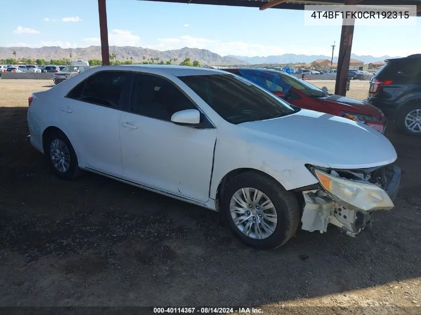 2012 Toyota Camry Le VIN: 4T4BF1FK0CR192315 Lot: 40114367