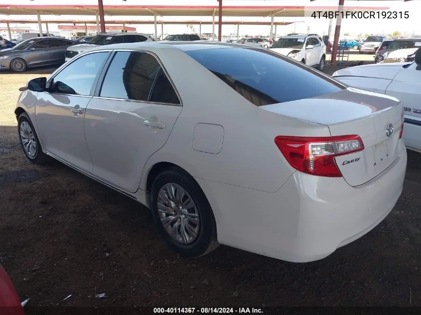 2012 Toyota Camry Le VIN: 4T4BF1FK0CR192315 Lot: 40114367