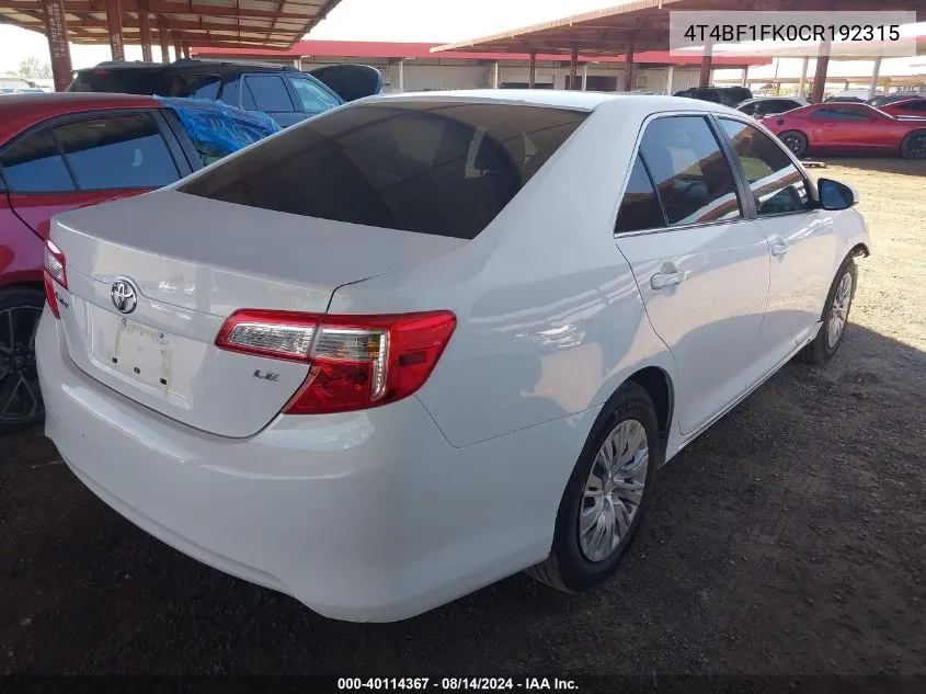 2012 Toyota Camry Le VIN: 4T4BF1FK0CR192315 Lot: 40114367