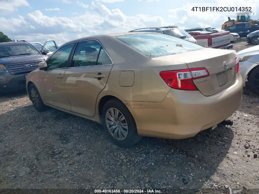 2012 Toyota Camry Le VIN: 4T1BF1FK2CU014352 Lot: 40163458