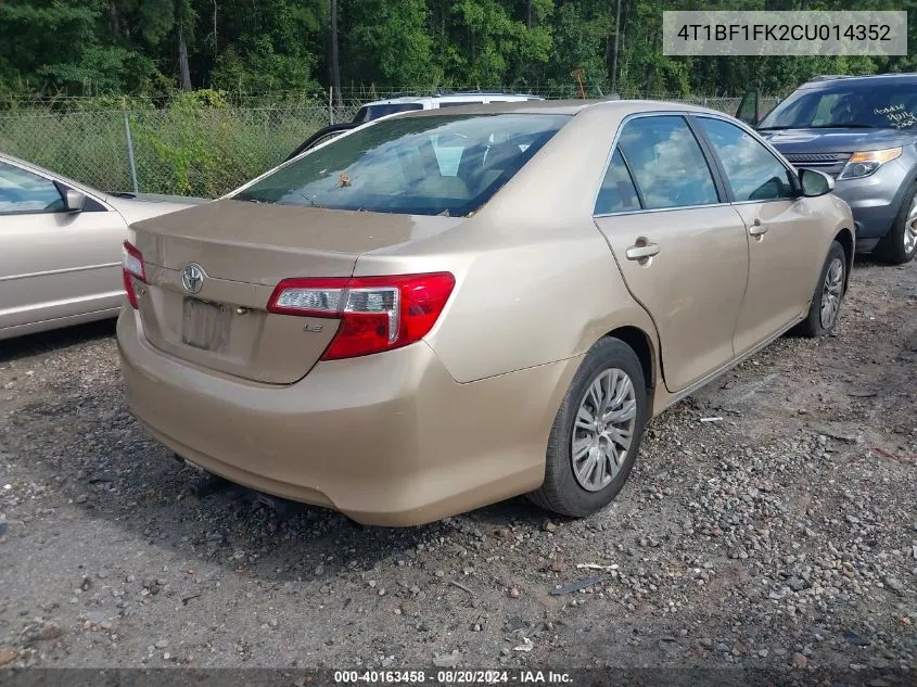 2012 Toyota Camry Le VIN: 4T1BF1FK2CU014352 Lot: 40163458