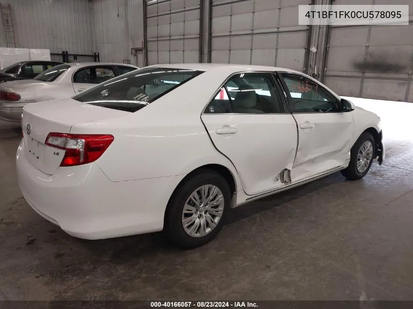 2012 Toyota Camry Le VIN: 4T1BF1FK0CU578095 Lot: 40166057