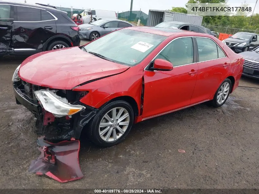 2012 Toyota Camry Xle VIN: 4T4BF1FK4CR177848 Lot: 40189776