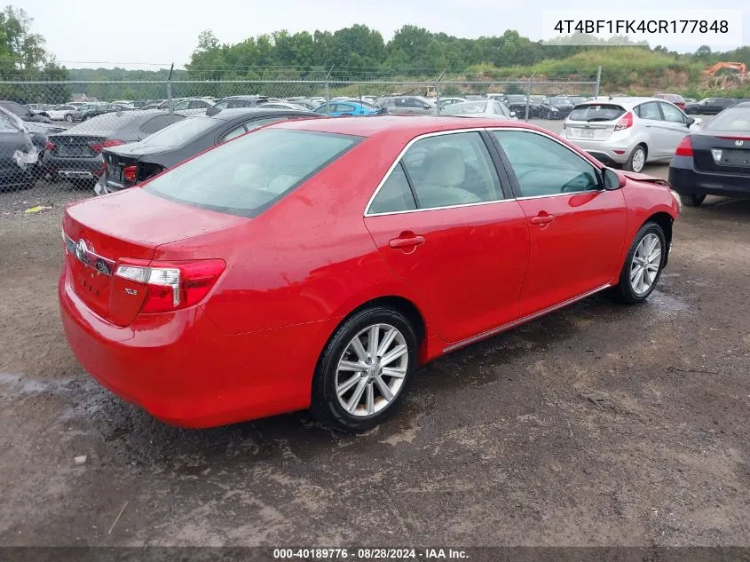 2012 Toyota Camry Xle VIN: 4T4BF1FK4CR177848 Lot: 40189776