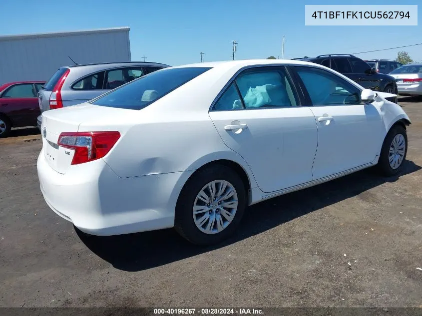 2012 Toyota Camry Le VIN: 4T1BF1FK1CU562794 Lot: 40196267