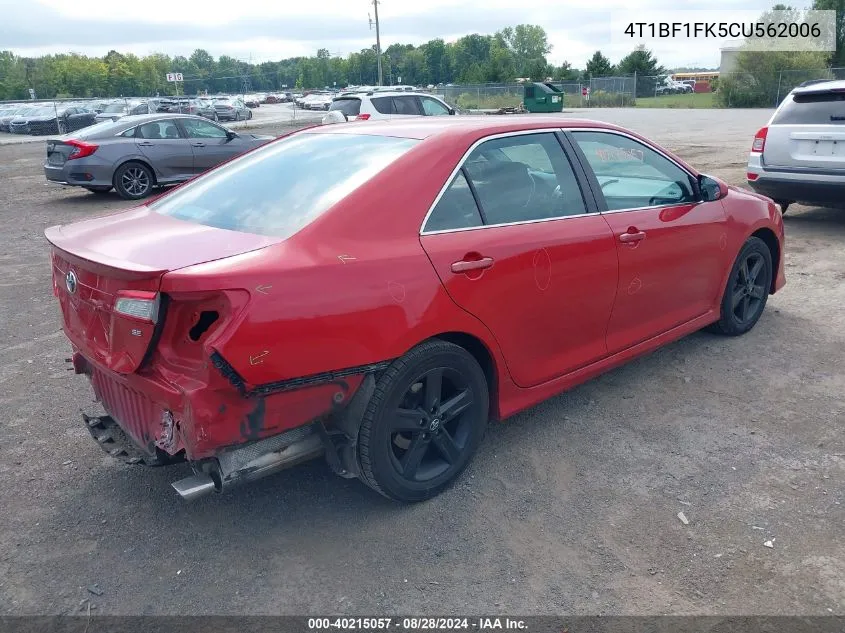 2012 Toyota Camry Se VIN: 4T1BF1FK5CU562006 Lot: 40215057