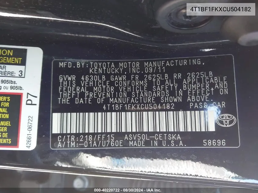 4T1BF1FKXCU504182 2012 Toyota Camry Se