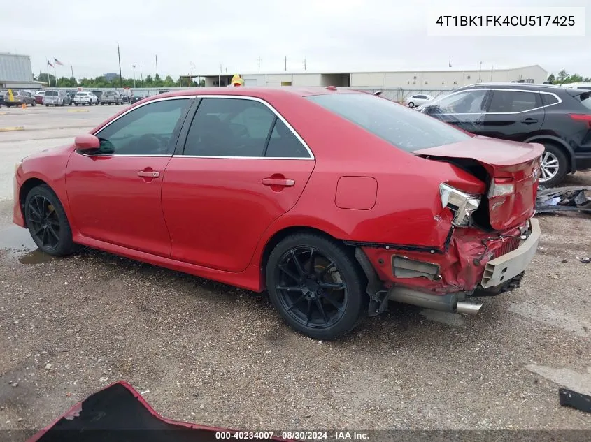 2012 Toyota Camry Se V6 VIN: 4T1BK1FK4CU517425 Lot: 40234007