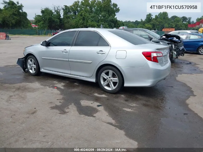 2012 Toyota Camry Se VIN: 4T1BF1FK1CU570958 Lot: 40240209