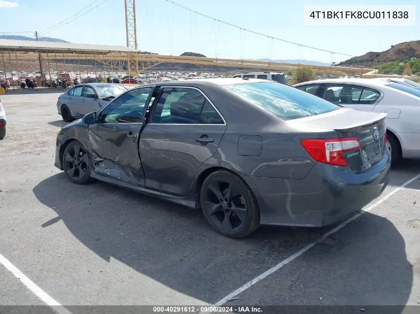 2012 Toyota Camry Se V6 VIN: 4T1BK1FK8CU011838 Lot: 40291612