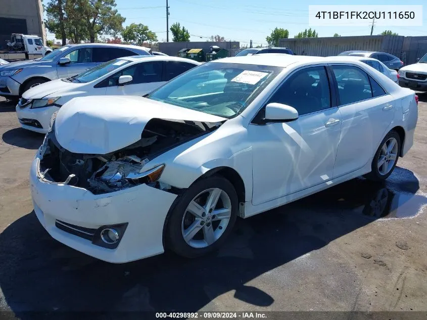 2012 Toyota Camry Se VIN: 4T1BF1FK2CU111650 Lot: 40298992