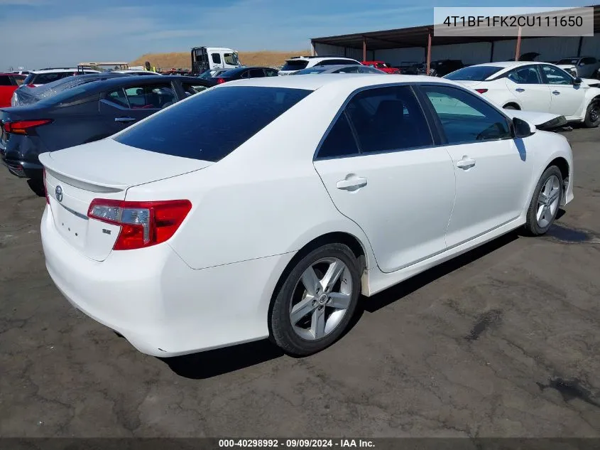 2012 Toyota Camry Se VIN: 4T1BF1FK2CU111650 Lot: 40298992