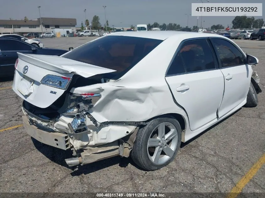 2012 Toyota Camry Se VIN: 4T1BF1FK5CU193292 Lot: 40311749