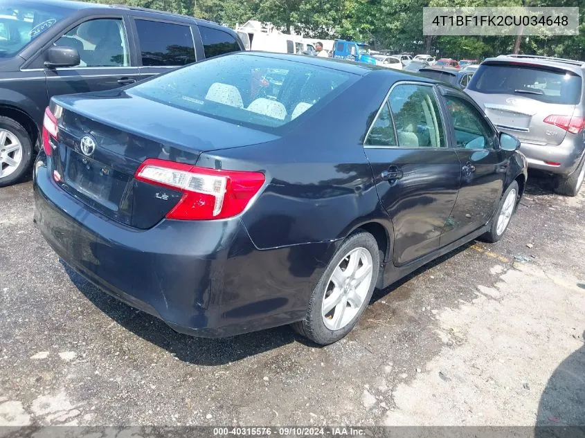 2012 Toyota Camry Le VIN: 4T1BF1FK2CU034648 Lot: 40315576