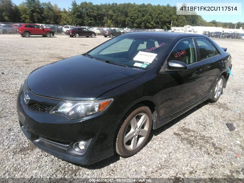 2012 Toyota Camry Se VIN: 4T1BF1FK2CU117514 Lot: 40316247