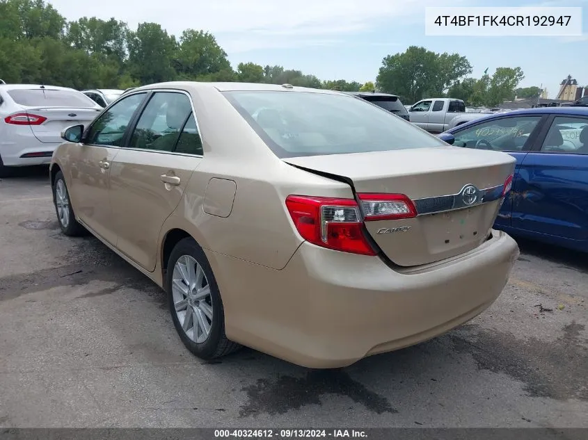 2012 Toyota Camry Xle VIN: 4T4BF1FK4CR192947 Lot: 40324612