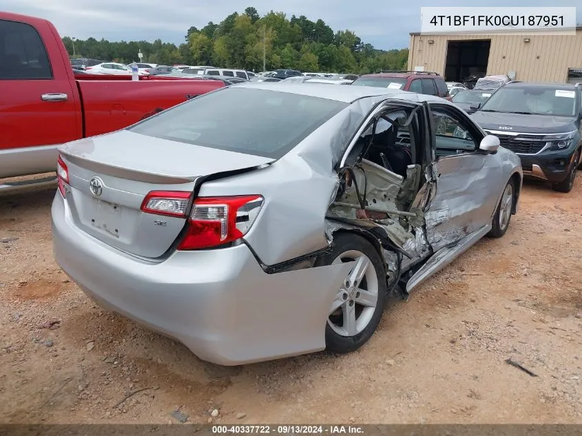 2012 Toyota Camry Se/Le/Xle VIN: 4T1BF1FK0CU187951 Lot: 40337722