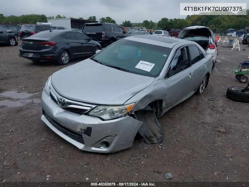 2012 Toyota Camry Se/Xle VIN: 4T1BK1FK7CU007375 Lot: 40355979