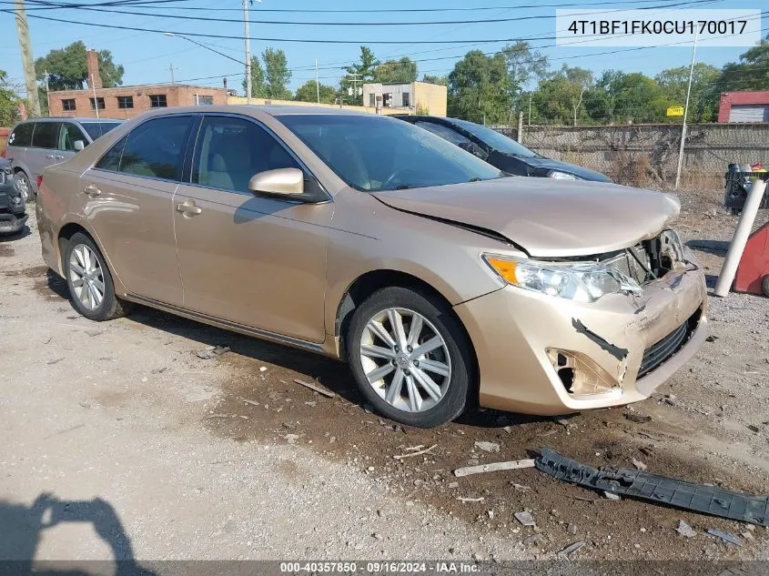 2012 Toyota Camry Xle VIN: 4T1BF1FK0CU170017 Lot: 40357850