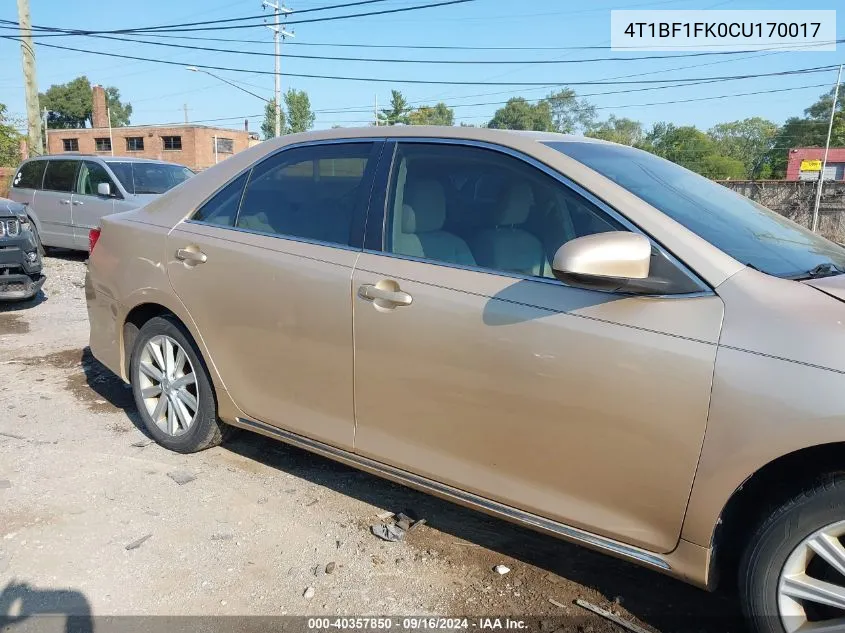 2012 Toyota Camry Xle VIN: 4T1BF1FK0CU170017 Lot: 40357850