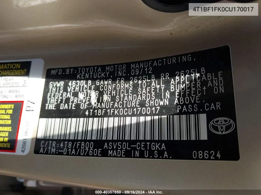 4T1BF1FK0CU170017 2012 Toyota Camry Xle