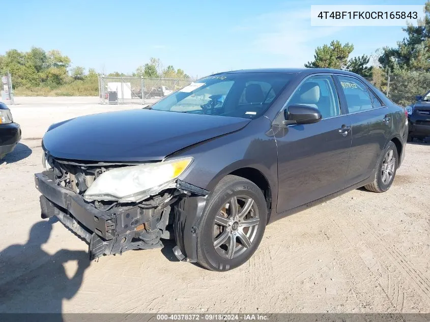 2012 Toyota Camry L VIN: 4T4BF1FK0CR165843 Lot: 40378372